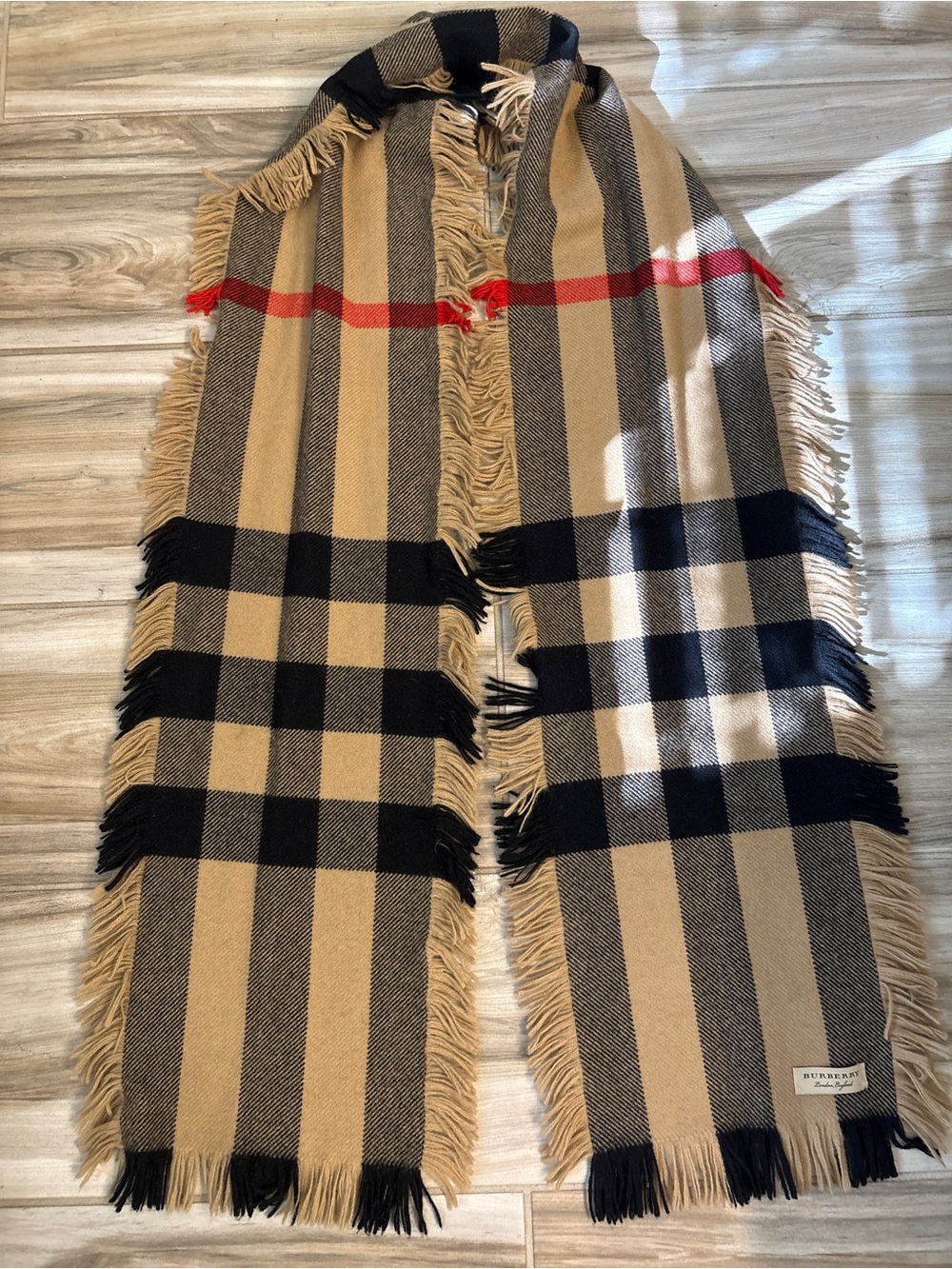 Burberry Beige Black and Red Fringe Plaid Throw